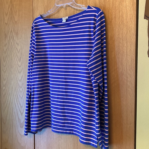 J. Crew Tops - J Crew XL boatneck royal blue pink stripe long sleeve cotton tee shirt top tunic